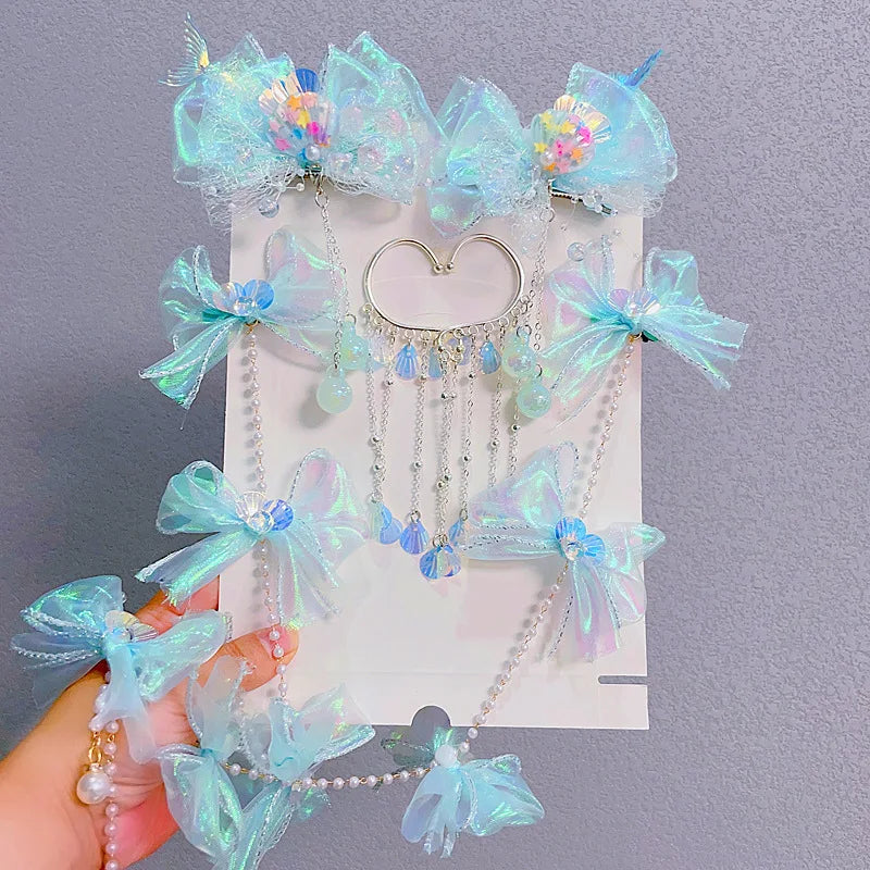 Sweet Tassel Hairclip Ear Hooks Set for Girls Kids Mermaid Elf Ear Cuffs Fairy Princess Non-Pierced Earrings Colorful Headwear