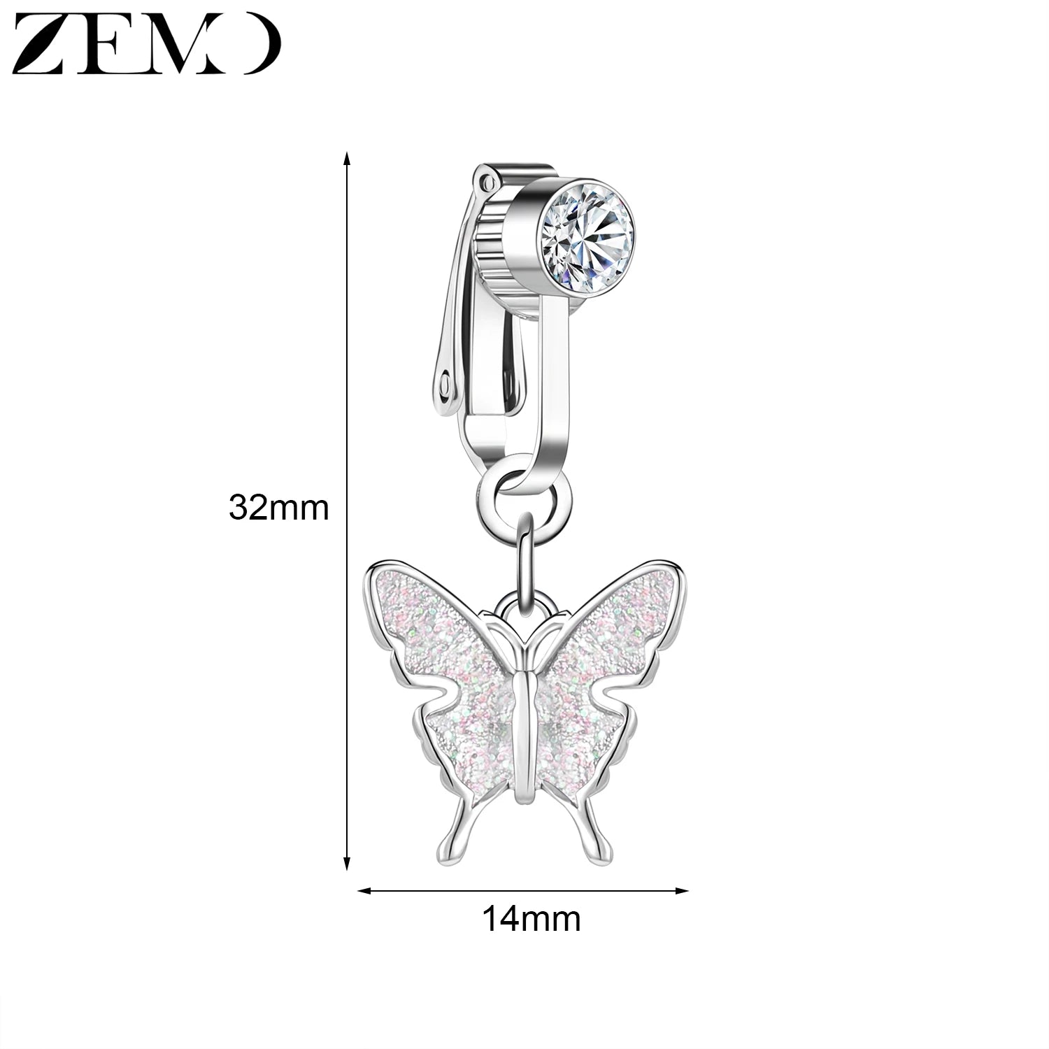 ZEMO 1 PC Stainless Steel Clip On Belly Button Rings Women Girls CZ Crystal No-Pierced Navel Ring Butterfly Faux Belly Piercings
