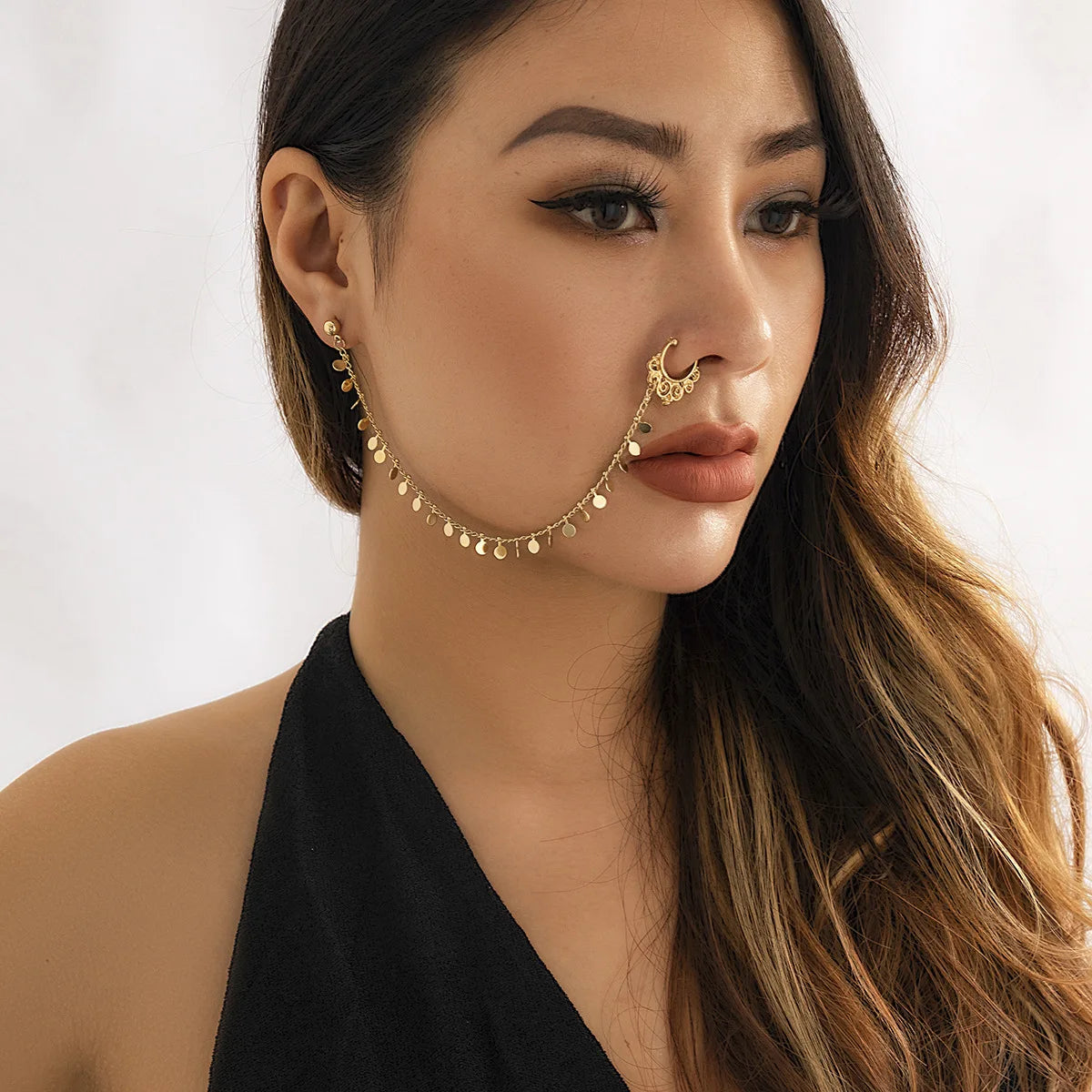 Indian Gold Color Pearl Butterfly Tassel Earrings Nose Clip Chain for Women Boho Nose Ring Non Pierceing Dangle Earring Jewelry