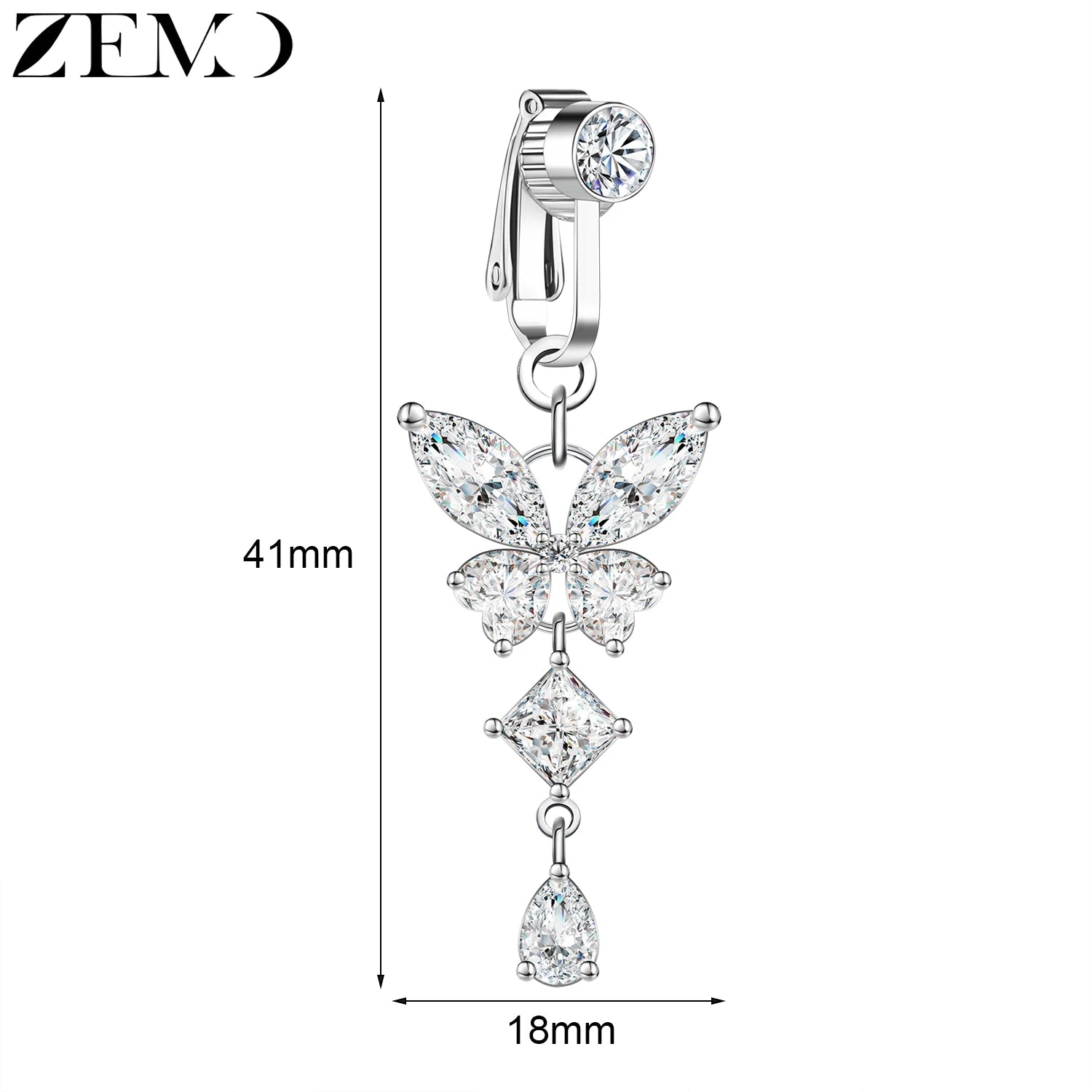 ZEMO 1 PC Stainless Steel Clip On Belly Button Rings Women Girls CZ Crystal No-Pierced Navel Ring Butterfly Faux Belly Piercings
