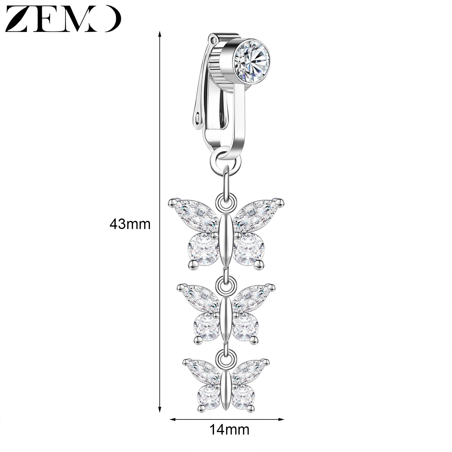 ZEMO 1 PC Stainless Steel Clip On Belly Button Rings Women Girls CZ Crystal No-Pierced Navel Ring Butterfly Faux Belly Piercings