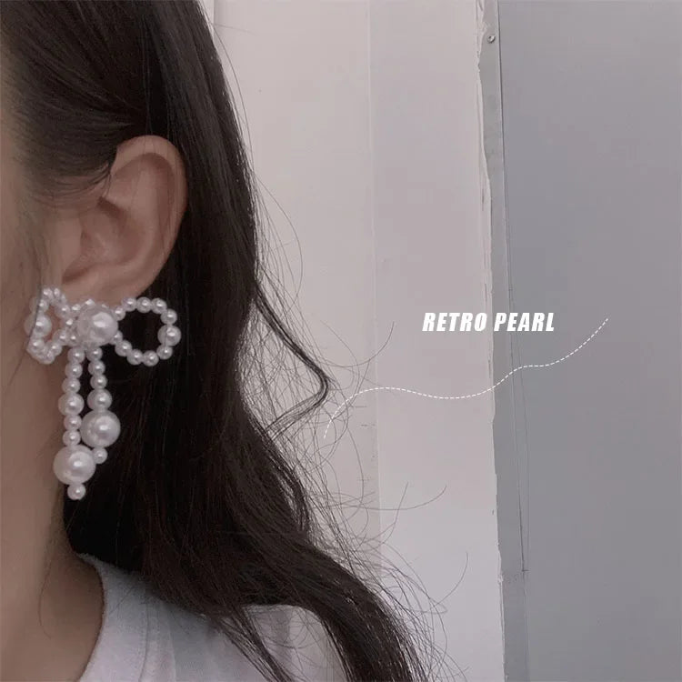 White Beaded Earrings Imitation Pearl Earrings Ear Clips Bowknot Long Tassel  Pearl Clip on Earrings Non Piercing Ear Jewelry