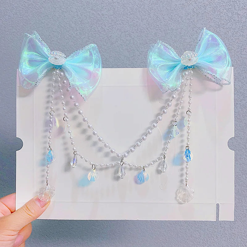 Sweet Tassel Hairclip Ear Hooks Set for Girls Kids Mermaid Elf Ear Cuffs Fairy Princess Non-Pierced Earrings Colorful Headwear