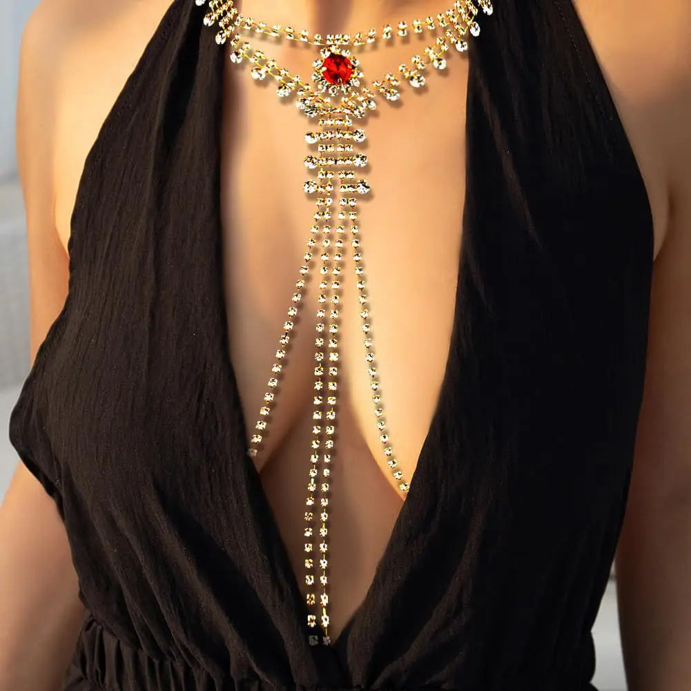 Sexy Red Tassel Nipple Chain Non Piercing Jewellery Neck Rhinestone Fashion Trend 2024 Body Chain For Women Festival Outfit Gift