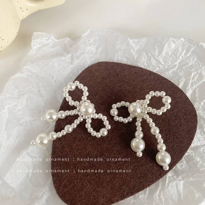 White Beaded Earrings Imitation Pearl Earrings Ear Clips Bowknot Long Tassel  Pearl Clip on Earrings Non Piercing Ear Jewelry