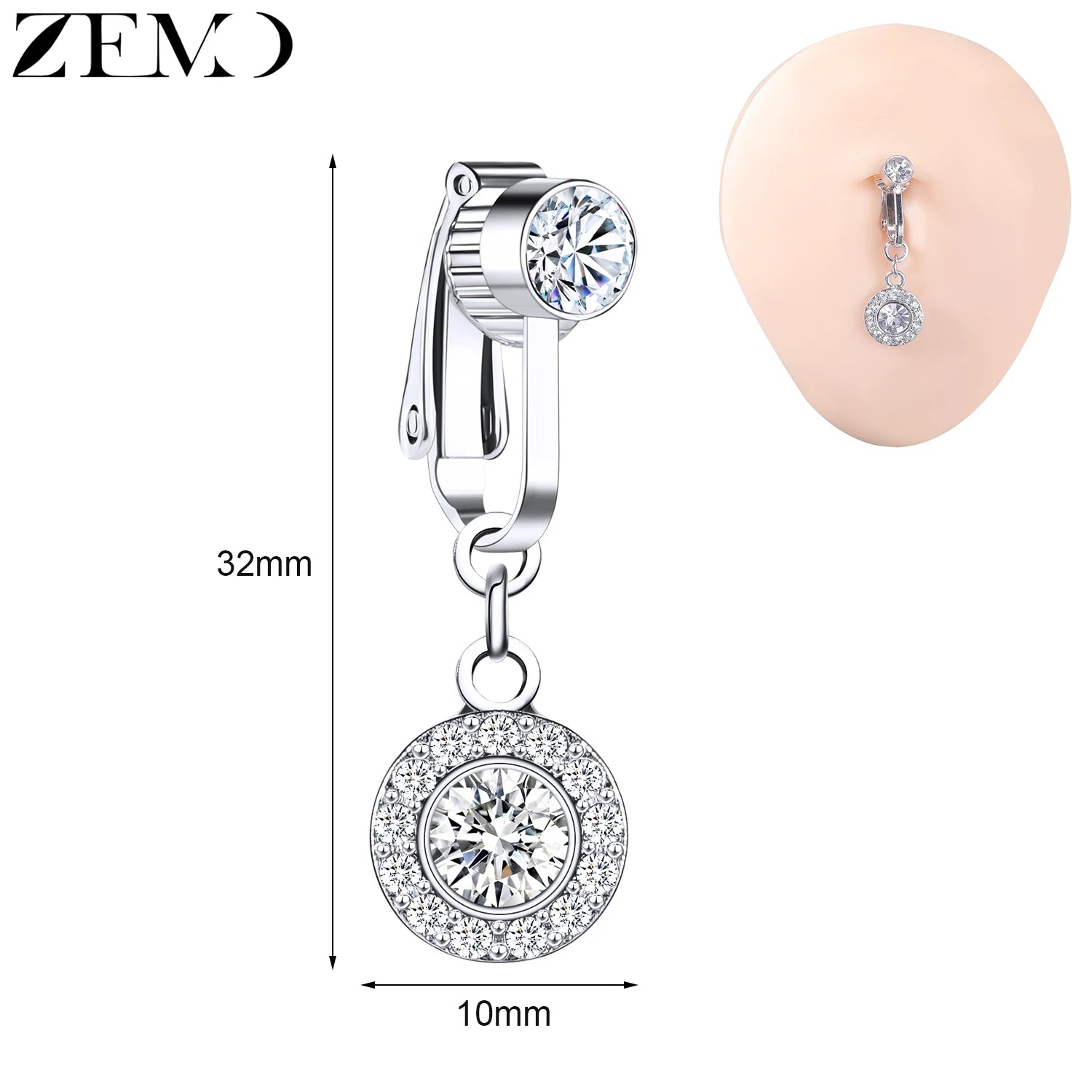 ZEMO 1 PC Stainless Steel Clip On Belly Button Rings Women Girls CZ Crystal No-Pierced Navel Ring Butterfly Faux Belly Piercings