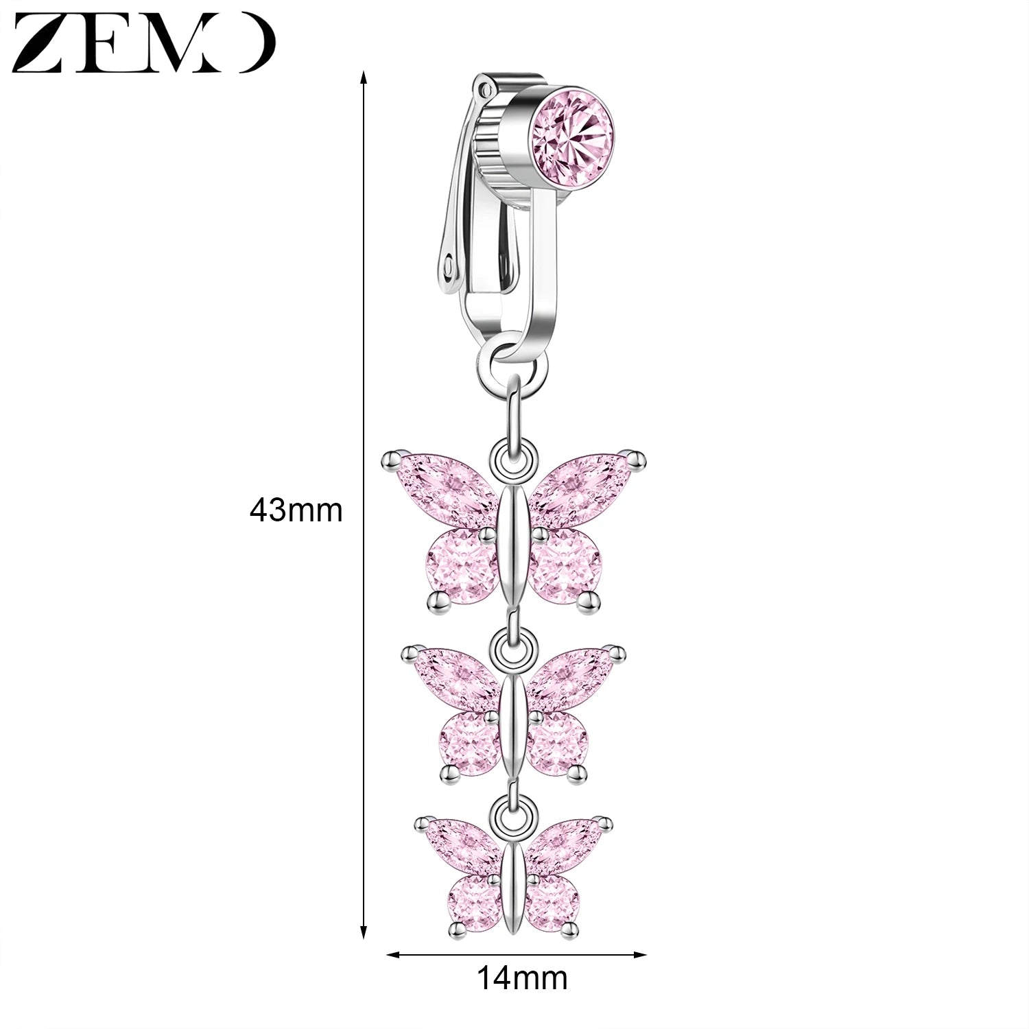 ZEMO 1 PC Stainless Steel Clip On Belly Button Rings Women Girls CZ Crystal No-Pierced Navel Ring Butterfly Faux Belly Piercings
