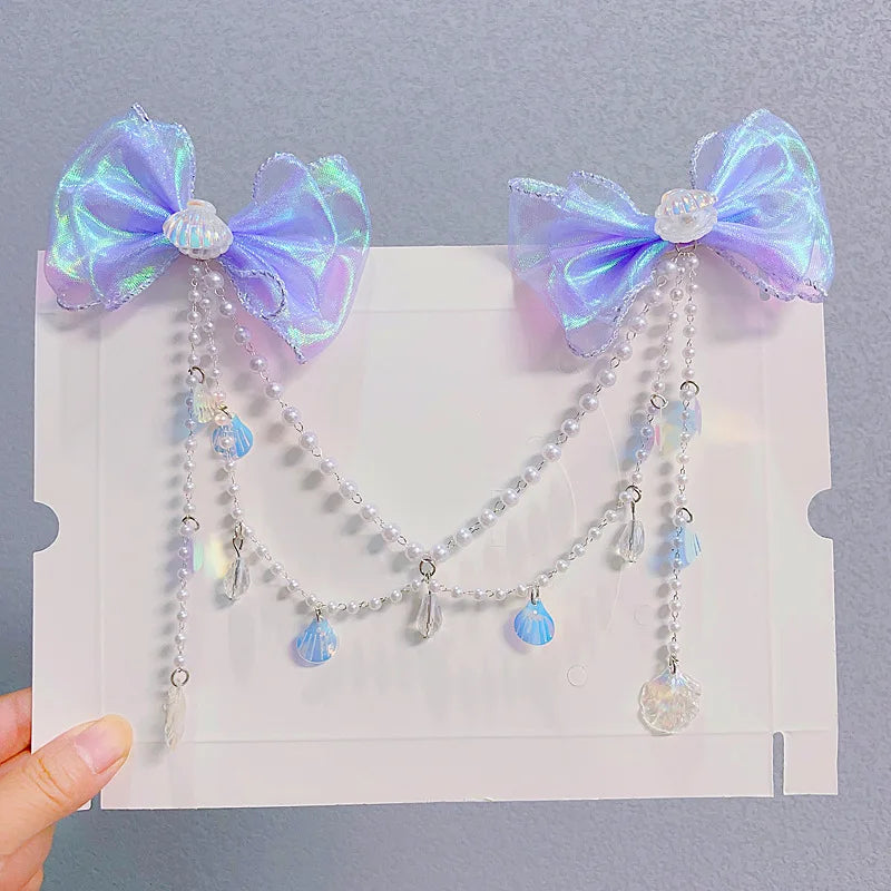 Sweet Tassel Hairclip Ear Hooks Set for Girls Kids Mermaid Elf Ear Cuffs Fairy Princess Non-Pierced Earrings Colorful Headwear