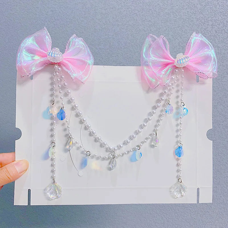 Sweet Tassel Hairclip Ear Hooks Set for Girls Kids Mermaid Elf Ear Cuffs Fairy Princess Non-Pierced Earrings Colorful Headwear