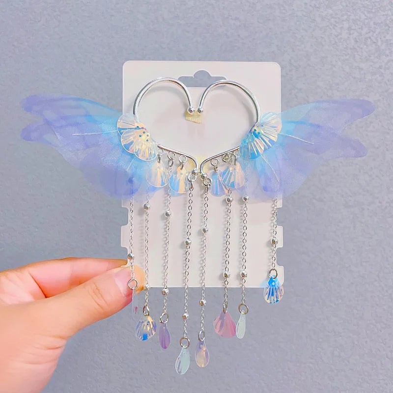 Sweet Tassel Hairclip Ear Hooks Set for Girls Kids Mermaid Elf Ear Cuffs Fairy Princess Non-Pierced Earrings Colorful Headwear