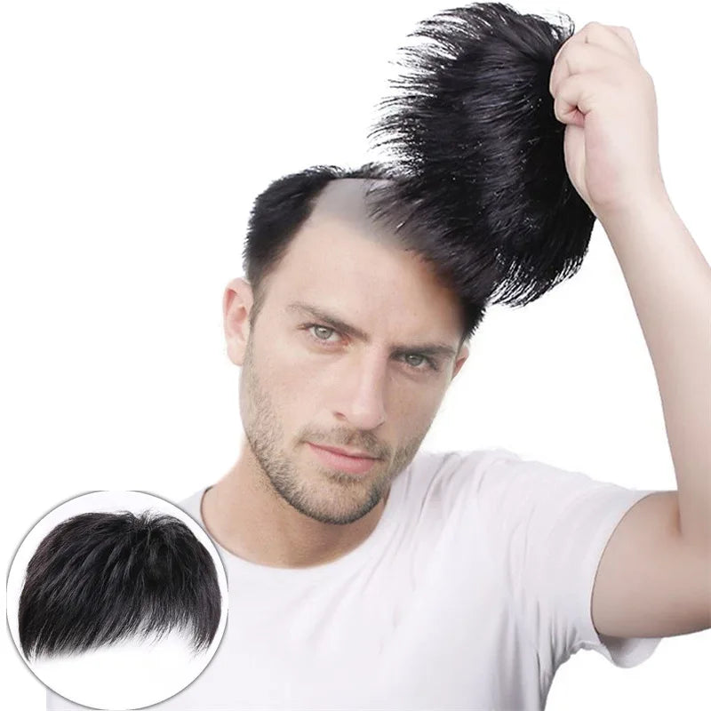 Wig piece men's hair patch forehead baldness cover white hair natural breathable synthetic fiber high temperature silk