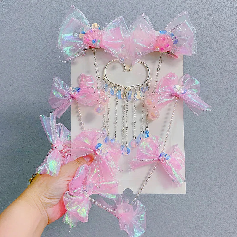 Sweet Tassel Hairclip Ear Hooks Set for Girls Kids Mermaid Elf Ear Cuffs Fairy Princess Non-Pierced Earrings Colorful Headwear