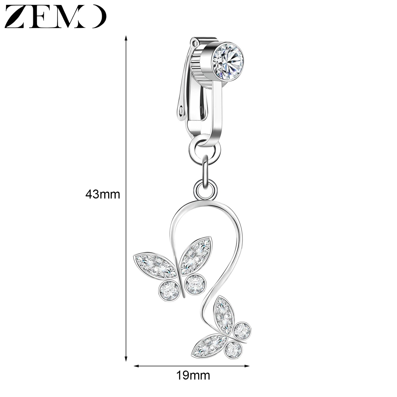 ZEMO 1 PC Stainless Steel Clip On Belly Button Rings Women Girls CZ Crystal No-Pierced Navel Ring Butterfly Faux Belly Piercings