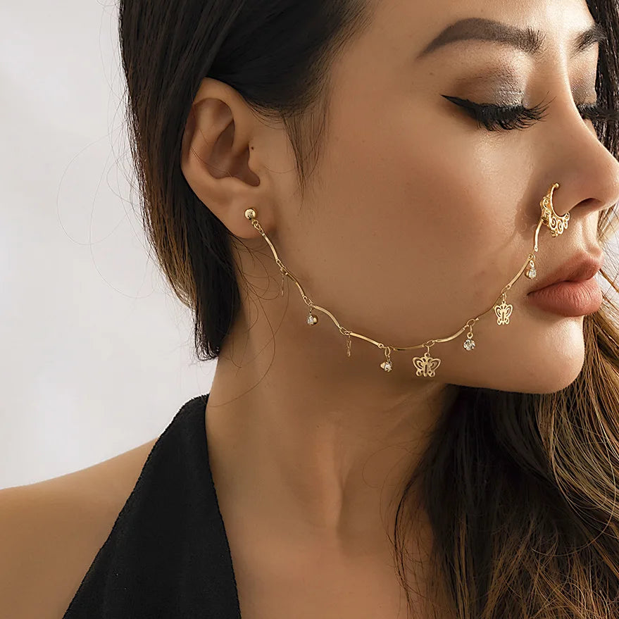 Indian Gold Color Pearl Butterfly Tassel Earrings Nose Clip Chain for Women Boho Nose Ring Non Pierceing Dangle Earring Jewelry