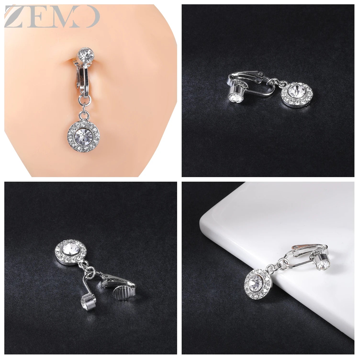 ZEMO 1 PC Stainless Steel Clip On Belly Button Rings Women Girls CZ Crystal No-Pierced Navel Ring Butterfly Faux Belly Piercings