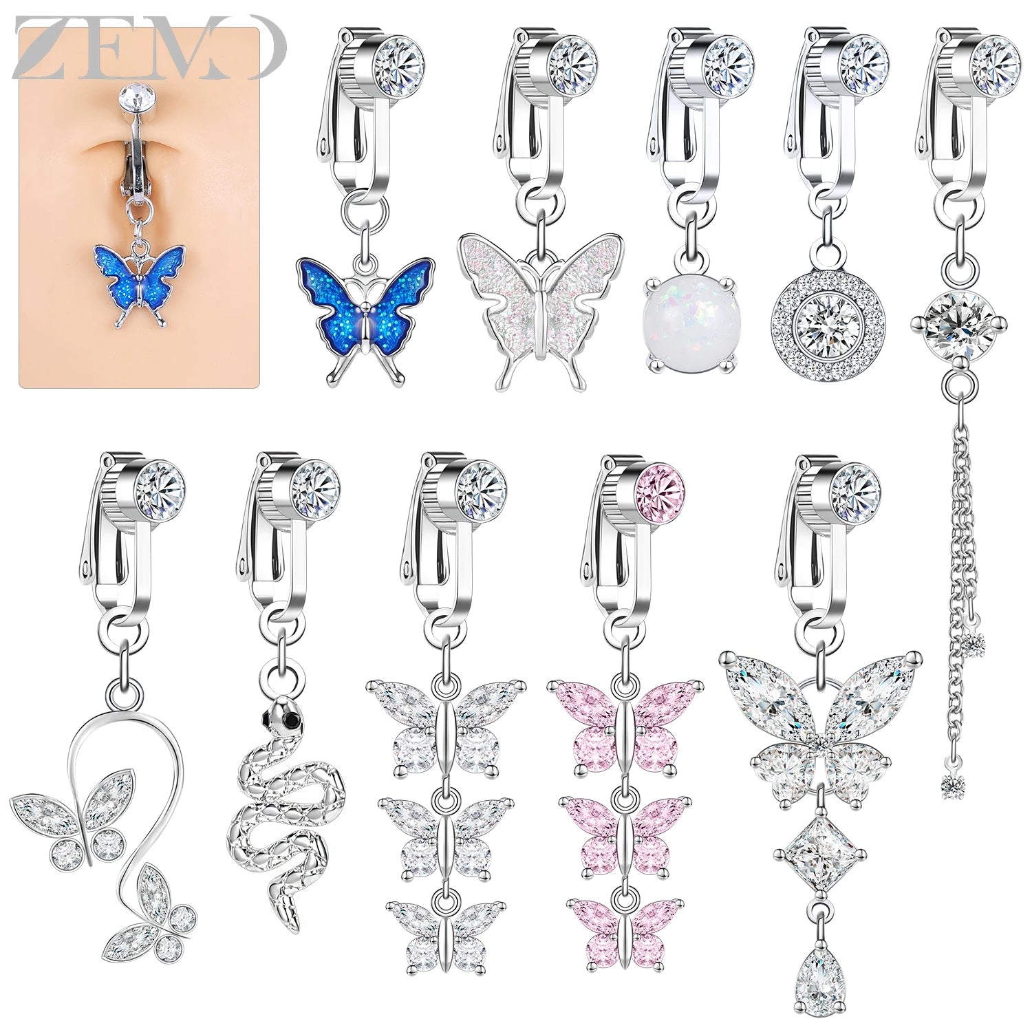 ZEMO 1 PC Stainless Steel Clip On Belly Button Rings Women Girls CZ Crystal No-Pierced Navel Ring Butterfly Faux Belly Piercings