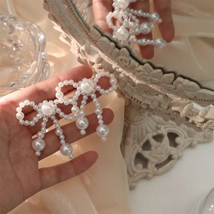 White Beaded Earrings Imitation Pearl Earrings Ear Clips Bowknot Long Tassel  Pearl Clip on Earrings Non Piercing Ear Jewelry