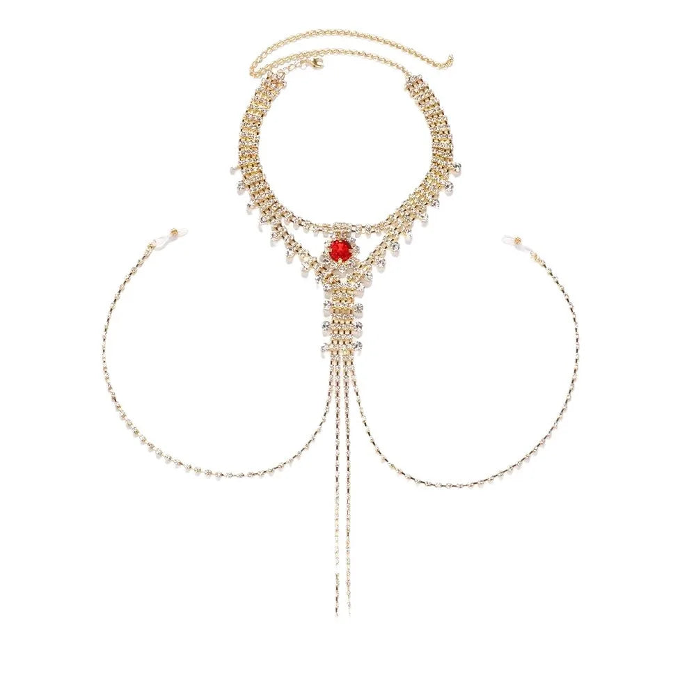 Sexy Red Tassel Nipple Chain Non Piercing Jewellery Neck Rhinestone Fashion Trend 2024 Body Chain For Women Festival Outfit Gift