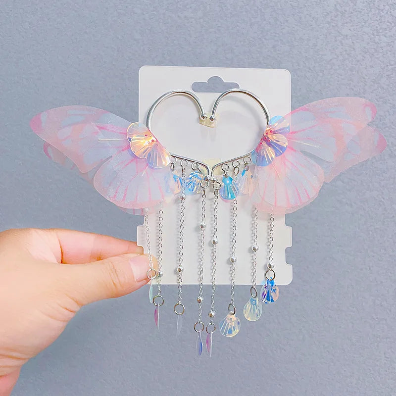 Sweet Tassel Hairclip Ear Hooks Set for Girls Kids Mermaid Elf Ear Cuffs Fairy Princess Non-Pierced Earrings Colorful Headwear