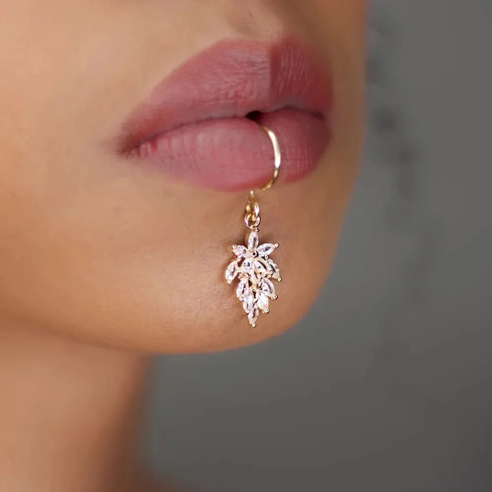 1pc Crystal Dangle Lip Ring Clip-On Fake Piercing Jewelry for Women Hip Hop Geometric Lip Cuff Non-Pierced Accessories
