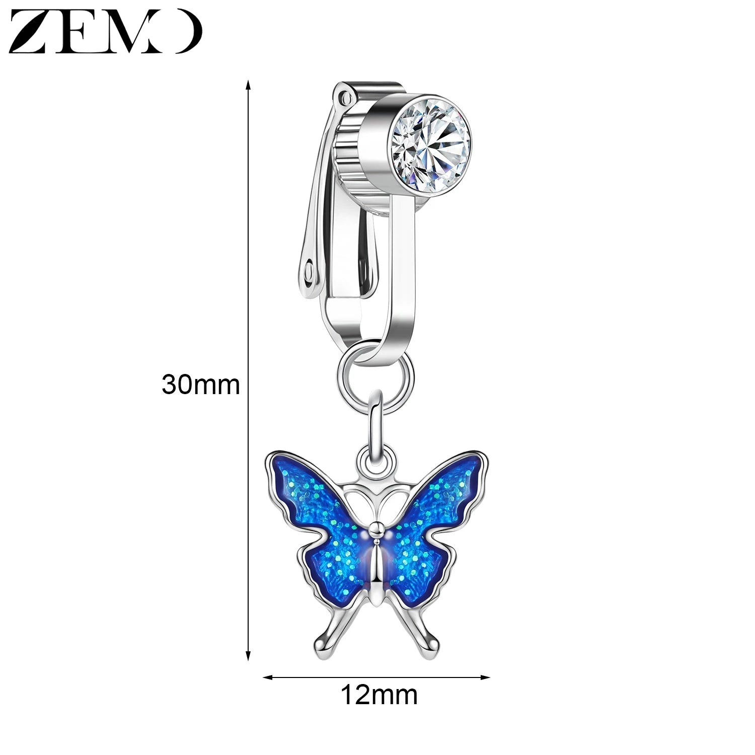 ZEMO 1 PC Stainless Steel Clip On Belly Button Rings Women Girls CZ Crystal No-Pierced Navel Ring Butterfly Faux Belly Piercings