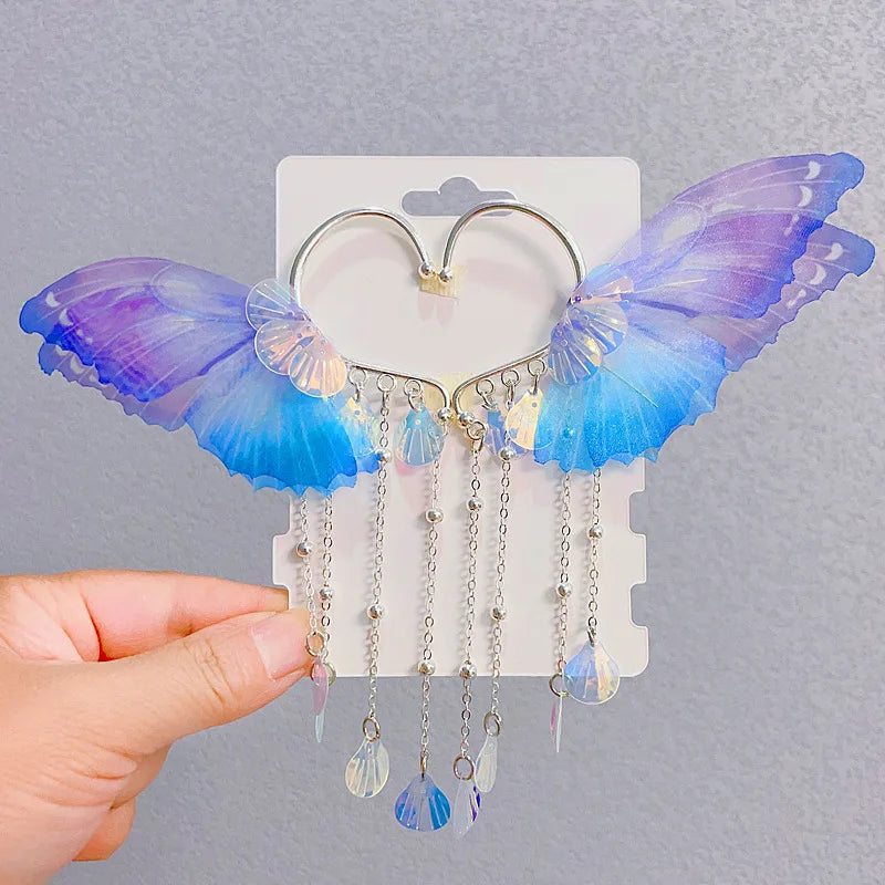 Sweet Tassel Hairclip Ear Hooks Set for Girls Kids Mermaid Elf Ear Cuffs Fairy Princess Non-Pierced Earrings Colorful Headwear