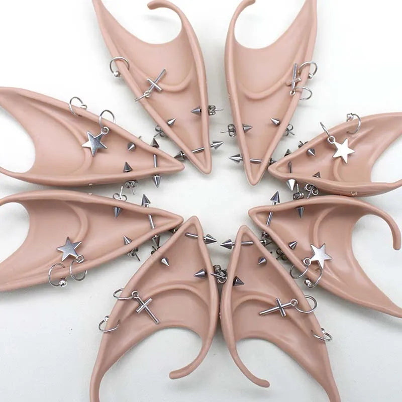 2PCS Latex Elf Ears Clip with Earring Cross Dangle Non-pierced Fake Piercing for Cosplay Costume Accessories Photo Props
