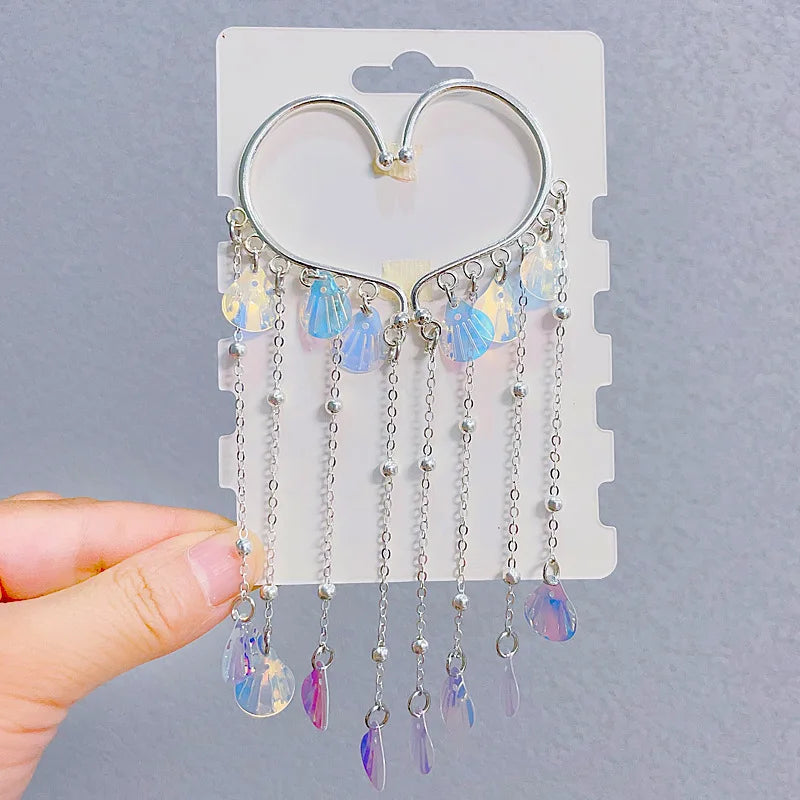 Sweet Tassel Hairclip Ear Hooks Set for Girls Kids Mermaid Elf Ear Cuffs Fairy Princess Non-Pierced Earrings Colorful Headwear