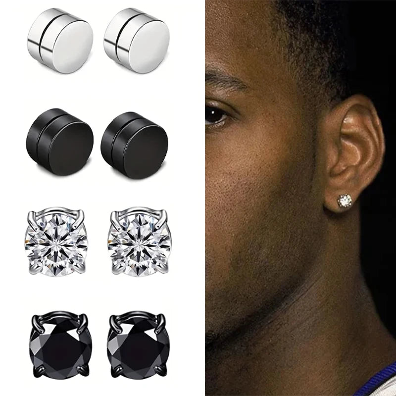 Stainless Steel Non-Piercing Magnetic Stud Earrings Black Unisex CZ Magnet Ear close Clip Women Men Punk Hip Hop Earring Jewelry