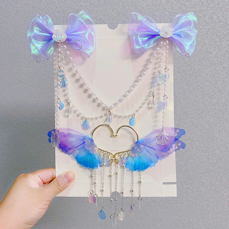 Sweet Tassel Hairclip Ear Hooks Set for Girls Kids Mermaid Elf Ear Cuffs Fairy Princess Non-Pierced Earrings Colorful Headwear